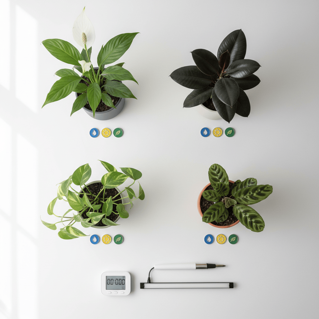 An overhead, bird’s-eye photographic view of a tidy indoor plant care station on a white desk. On the desk, four medium-sized houseplants—peace lily, pothos, rubber plant, and a compact calathea—stand in simple matte pots, their foliage vibrant and healthy. Next to each plant, small circular tokens with distinct colors and minimalist icons represent watering, light, and fertilizing schedules (no text). A digital timer, a pen-like soil moisture probe, and a slim, modern grow light bar lie aligned alongside. Diffused natural light from an adjacent window creates soft, shadowless illumination for a clean, analytical mood. Composition is symmetrical and organized, conveying a structured, professional system for tracking home plant care.