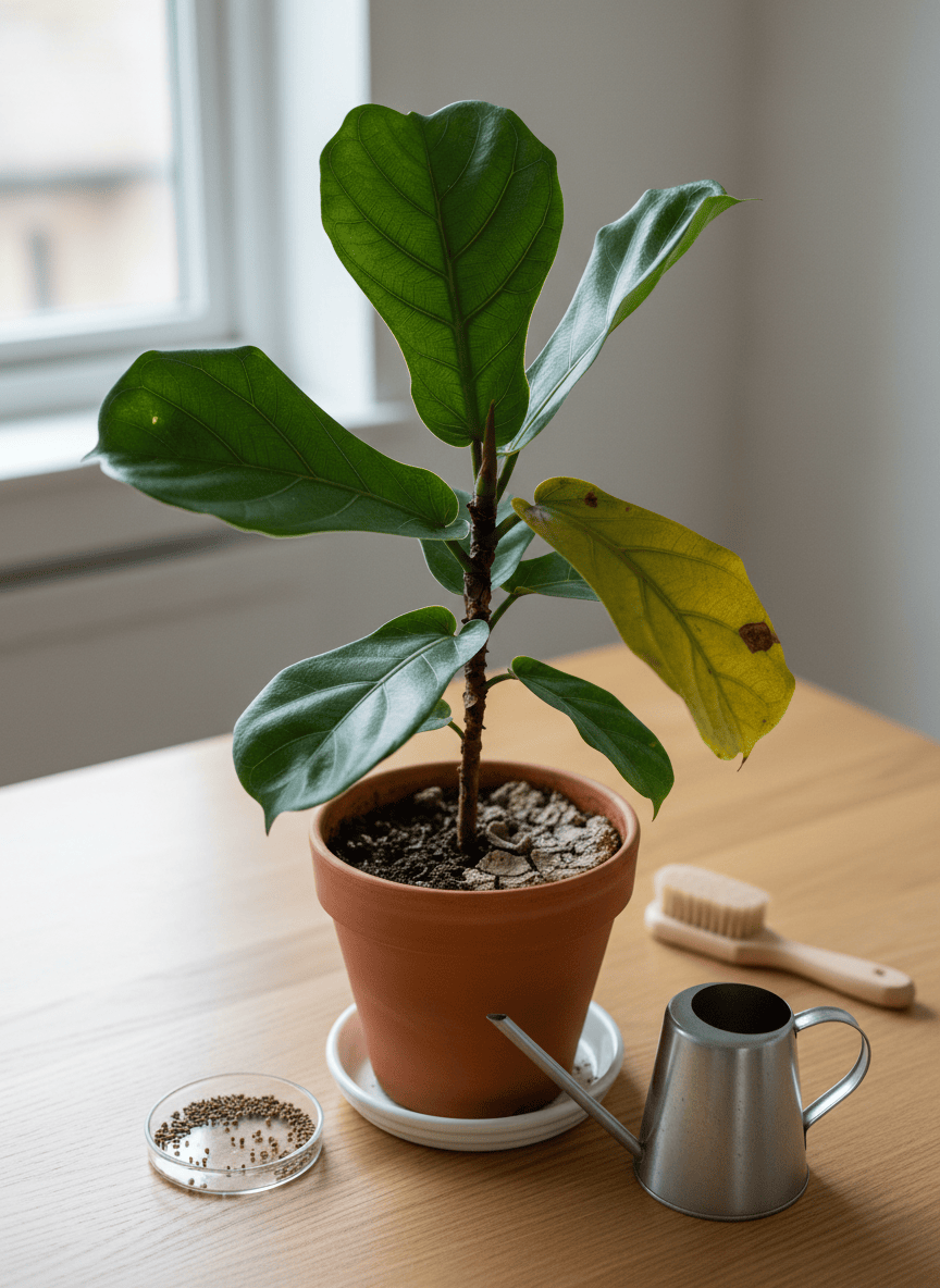 A close-up, photographic realistic composition of a single potted fiddle-leaf fig on a smooth light oak table, divided visually into two halves: one side of the plant lush, deep green, and upright; the other side slightly drooping with yellowing leaves and dry soil. Around the pot, small, neatly arranged care tools—fertilizer granules in a glass dish, a narrow-spout watering can, and a soft-bristle brush—subtly indicate intervention and tracking. Soft overcast window light from the left creates even illumination and delicate shadows, emphasizing texture of leaves and soil. Shot from a slightly elevated angle, with shallow depth of field and a professional, diagnostic mood that highlights the difference between healthy and neglected care.