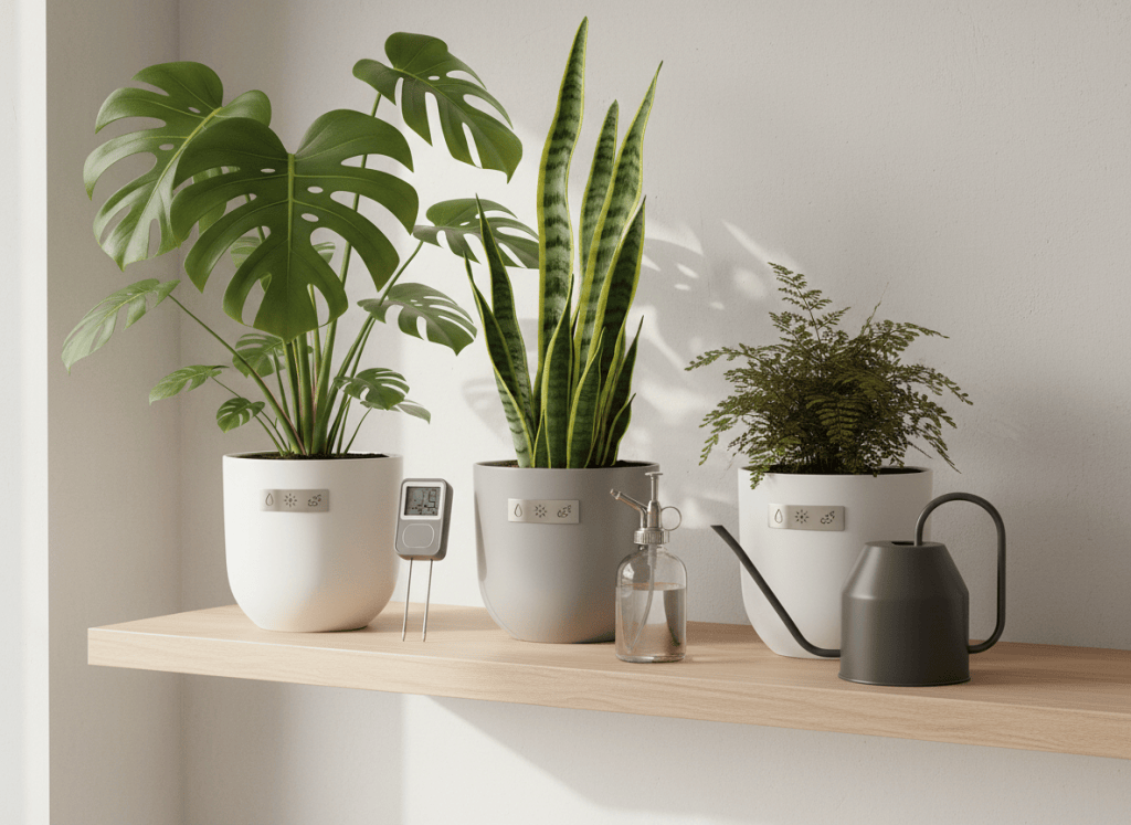 A bright, carefully arranged indoor plant care dashboard scene on a modern wooden shelf. Several healthy houseplants in ceramic pots—monstera, snake plant, and a small fern—are grouped together, each with a discrete, minimalist plant tag showing icons for water, light, and fertilizer (no readable text). A moisture meter, spray bottle, and small watering can sit neatly beside them. Soft morning daylight enters from an unseen window, creating gentle highlights on glossy leaves and subtle shadows on the wall. Photographic realism with a clean, professional aesthetic, shot at eye level with a slight angle, moderate depth of field, and a calm, organized atmosphere that suggests precise tracking and control of plant care routines.
